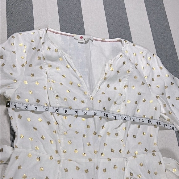 Boden Womens Linen Dress White Gold Print V Neck Belted 3/4 Sleeve Petite 6P - Picture 5 of 12
